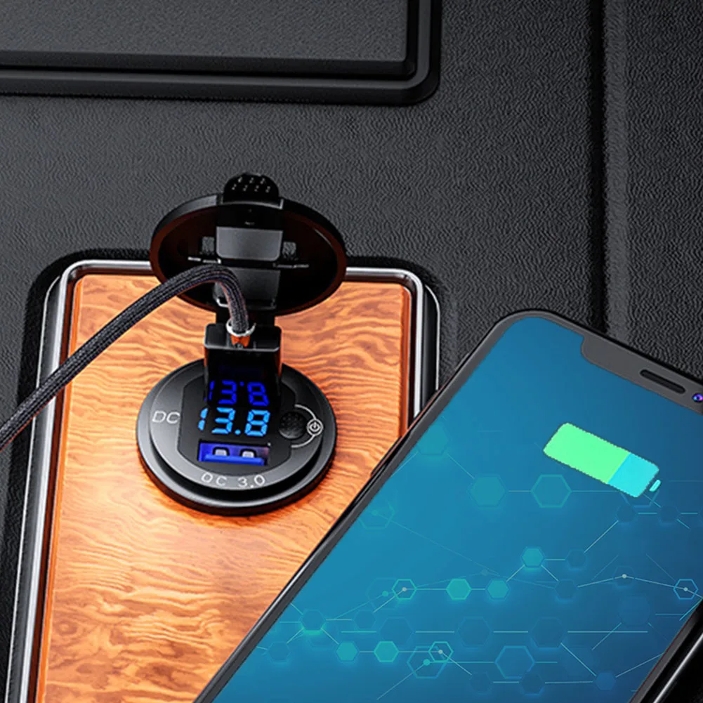 

Автомобильное зарядное устройство, портативная электрическая розетка с двумя USB-портами из алюминиевого сплава, быстрая зарядка 3,0, аксессу...