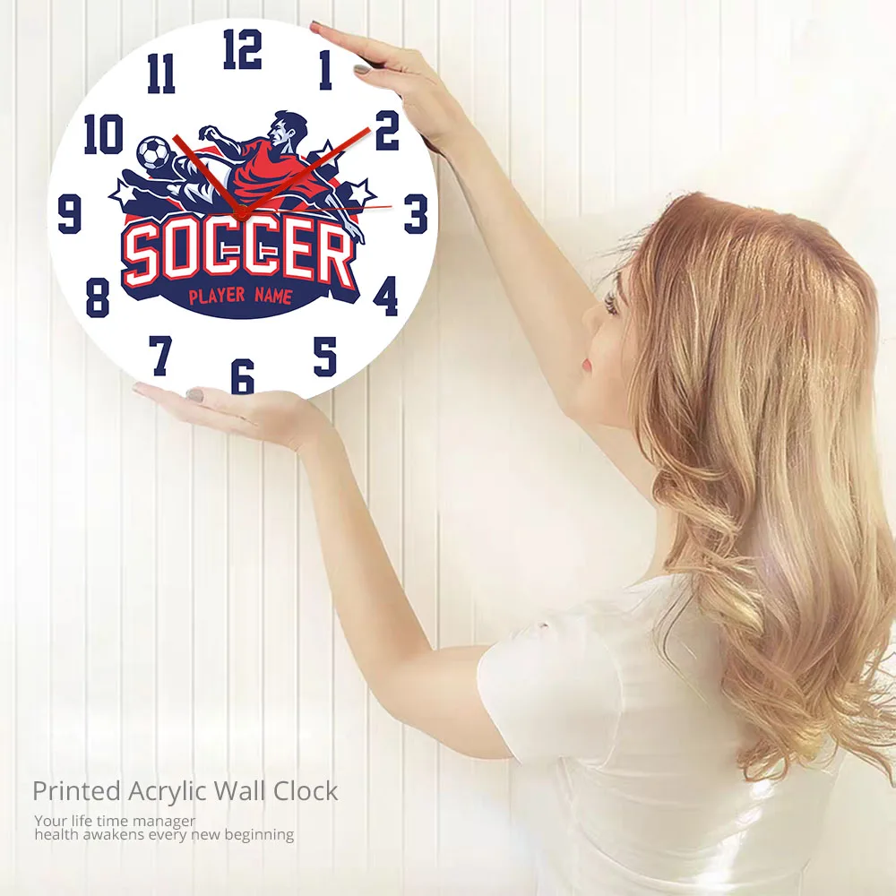

Soccer Player Doing Bicycle Kick Personalized Player Name Wall Clock Watch Clocks Custom Football Theme Quartz Round Horologe