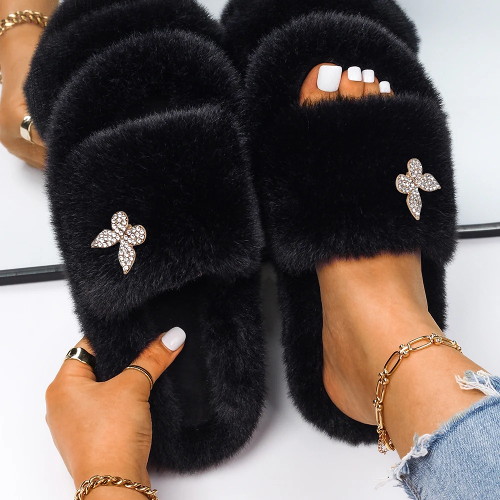 Women Flat Slippers Faux Fur Shoes for Luxury Shining Crystal Rhinestone Butterfly Indoor Slide Winter Warm Home Flip-Flops
