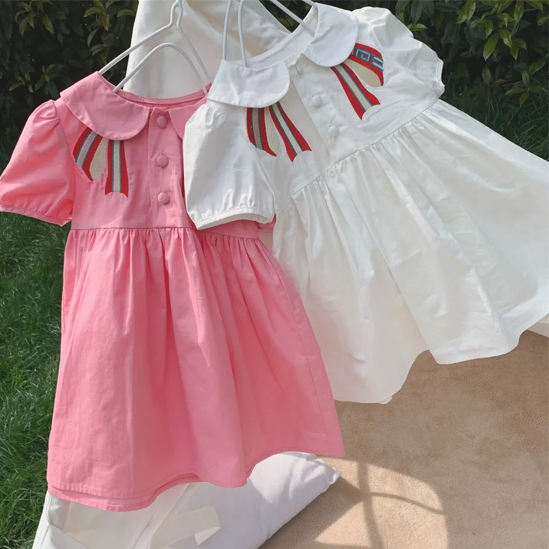 Girl Doll Collar College Dress Princess 2019 Summer Short Sleeve Bowtie Pattern Dresses Children Puff Causal Kids | Детская одежда и