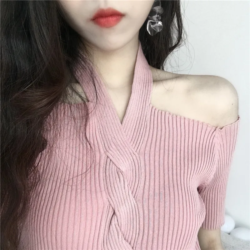 

Sexy Solid Women T-shirts Korean Fashion Off Shoulder Tops Summer 2020 New Arrival Slim Slash Neck Knitted T shirt