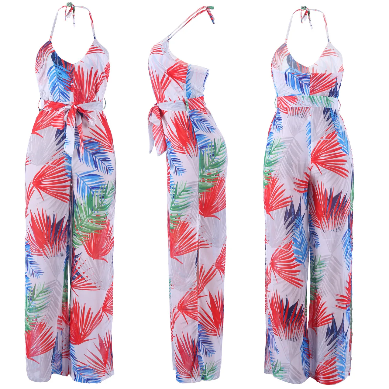 

Boho Women Sexy Jumpsuit Hollow Side Split Street Wear Backless Jumpsiut Romper Long Trousers Deep V Neck High Waist Jumpsuits