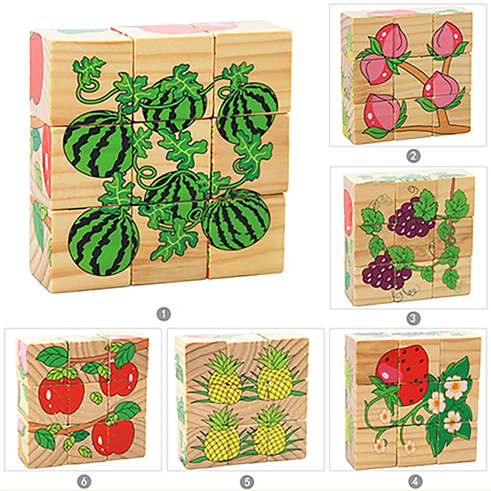 

Wooden Blocks Animal Vegetable Portable Preschool Cute Educational Toys Gift Montessori For Kids Jigsaw Cube Funny Game Toddler