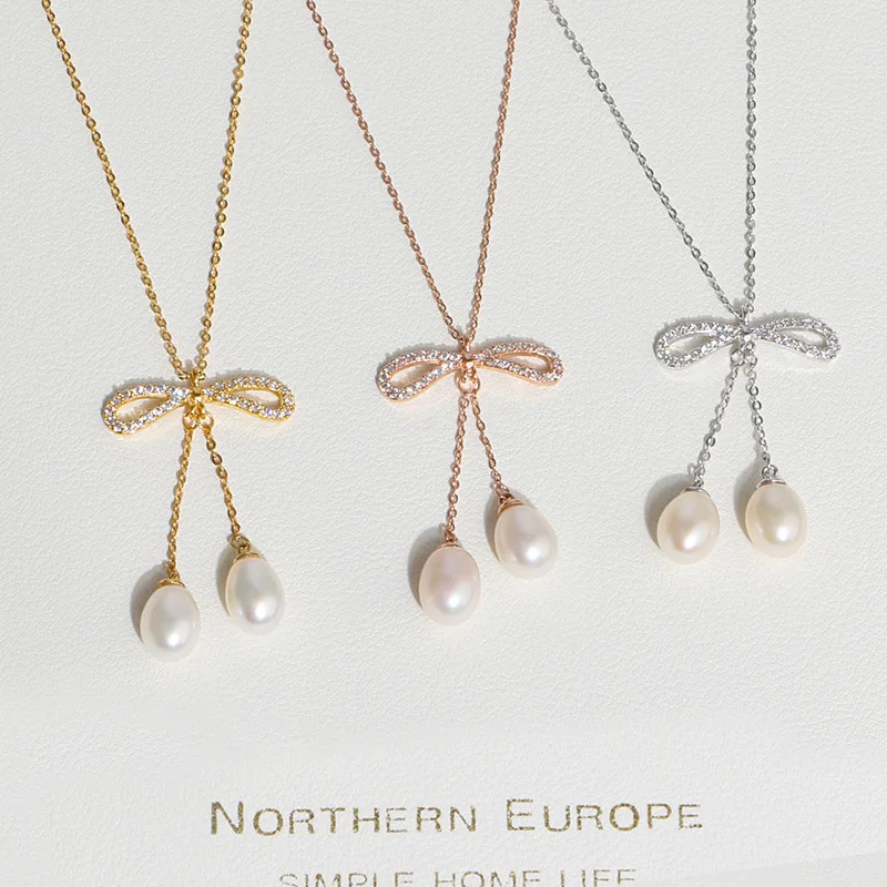 

FUN-BEAUTY Fashion Drop Shape Pendant Wild Freshwater Pearl Copper Silver Plated Bow Necklace Inlaid with Zircon Clavicle Chain