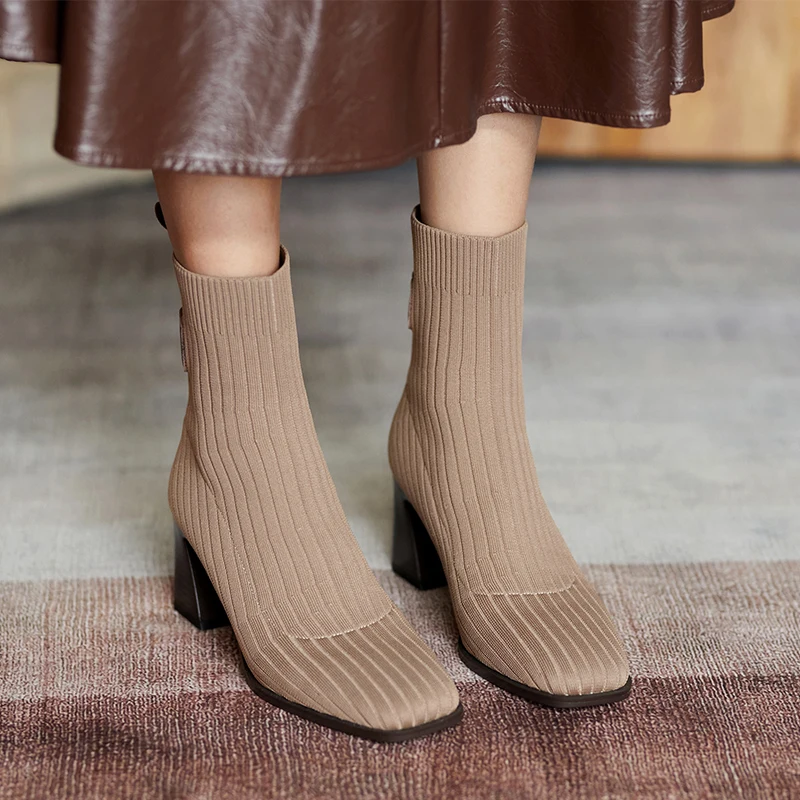 

Black apricot Women Knit Elastic Socks Boots Shoes Elegant Square Toe Ankle Boots Women Stretched Fabric Shoes Chunky Heel Boots