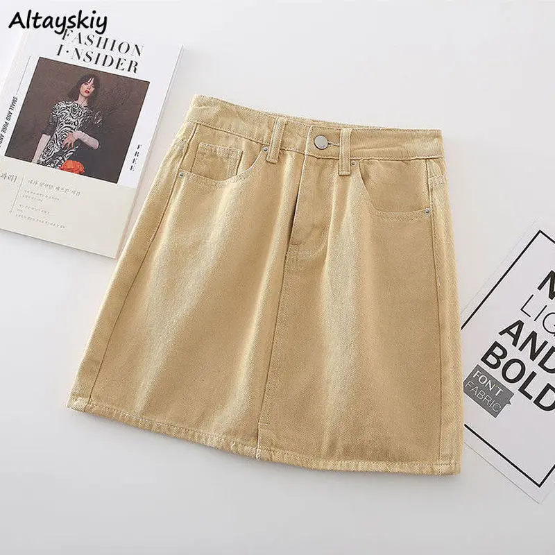 

Denim Skirts Women Simple A-line Chic Summer High Waist Retro Stylish Basic Girls Bottoms Popular 2021 Pure Pocket Femme Clothes
