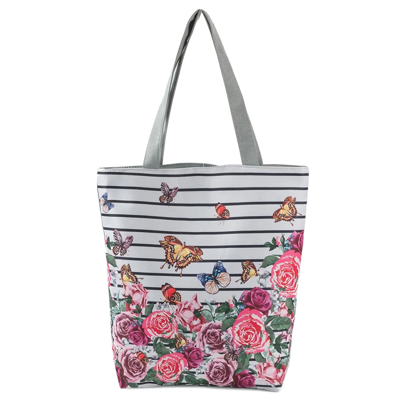 

2021 Floral Printed Handbag Women Shoulder Bag Canvas Summer Beach Bag Daily Use Female Shopping Bag Lady