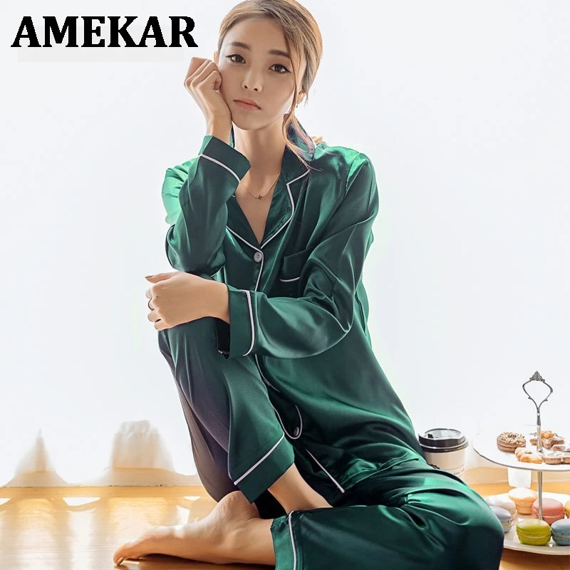 

2 Pieces Faux Silk Satin Pajamas Set Autumn Women Sleepwear Long Sleeve Nightgown for Female Ladies Pyjamas