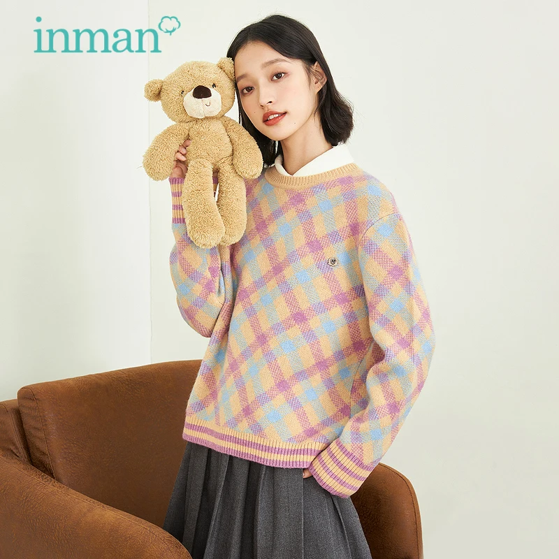 

INMAN Women's Sweater Tops Winter AutumnPreppy Sweet Style Pink Rhomboid Plaid Long Sleeve Casual Loose Knitted Pullover