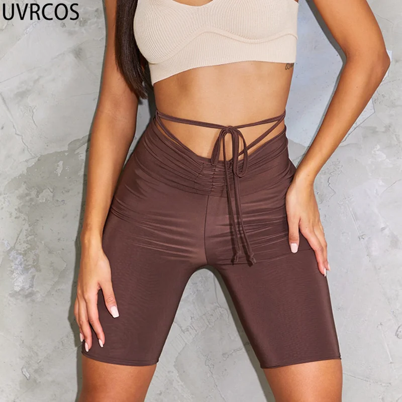 

UVRCOS Women's Pants Solid Color Elastic Sports Casual Knee Length 2021 Summer Fashion Fitness Jogging Lace Up Skinny Sweatpants