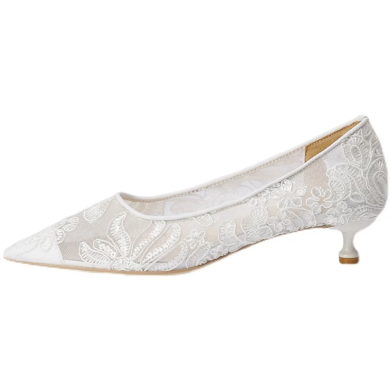 Wedding Shoes Lace Flowers Female Main Wedding Photos Are Not Tired Brides Pregnant Women Can Wear White Low Heels Pointed Heads