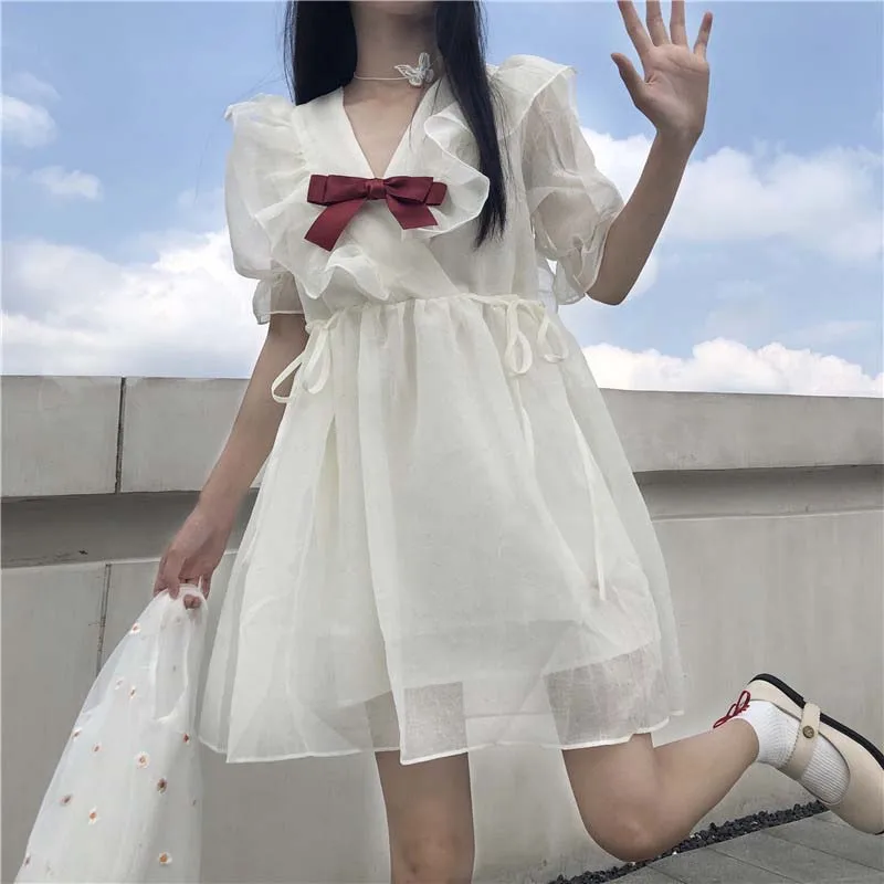 

Summer Japanese Sweet Bow Lolita JK Soft Sister Puff Sleeve Babydoll Dress Vintage Ulzzang One-Piece Women Kawaii White Dress Y2
