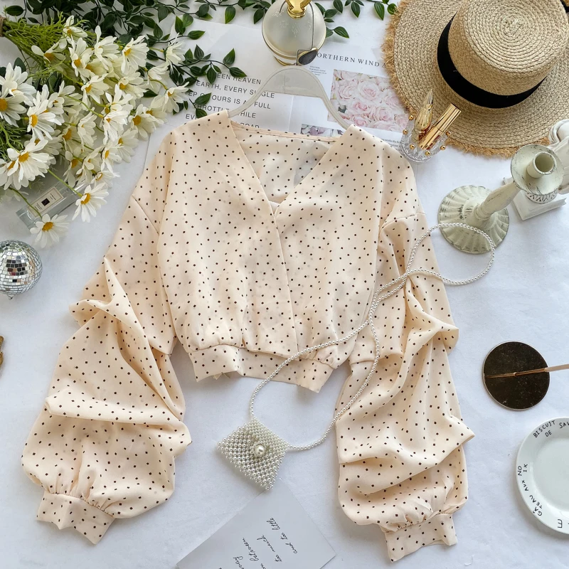 2019 Новая модная женская одежда осенняя рубашка с v образным вырезом и пышными