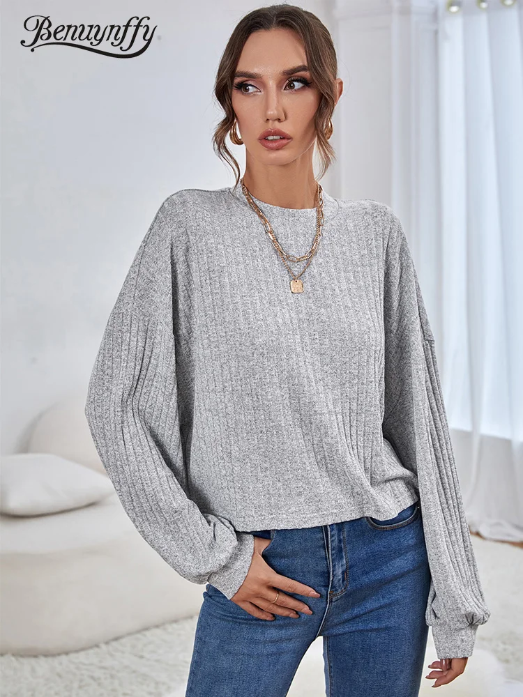 

Benuynffy Crew Neck Solid Rib-knit Short T-shirt Women Spring Fall Oversized Batwing Sleeve Female Casual T-Shirt Tops 2022 New