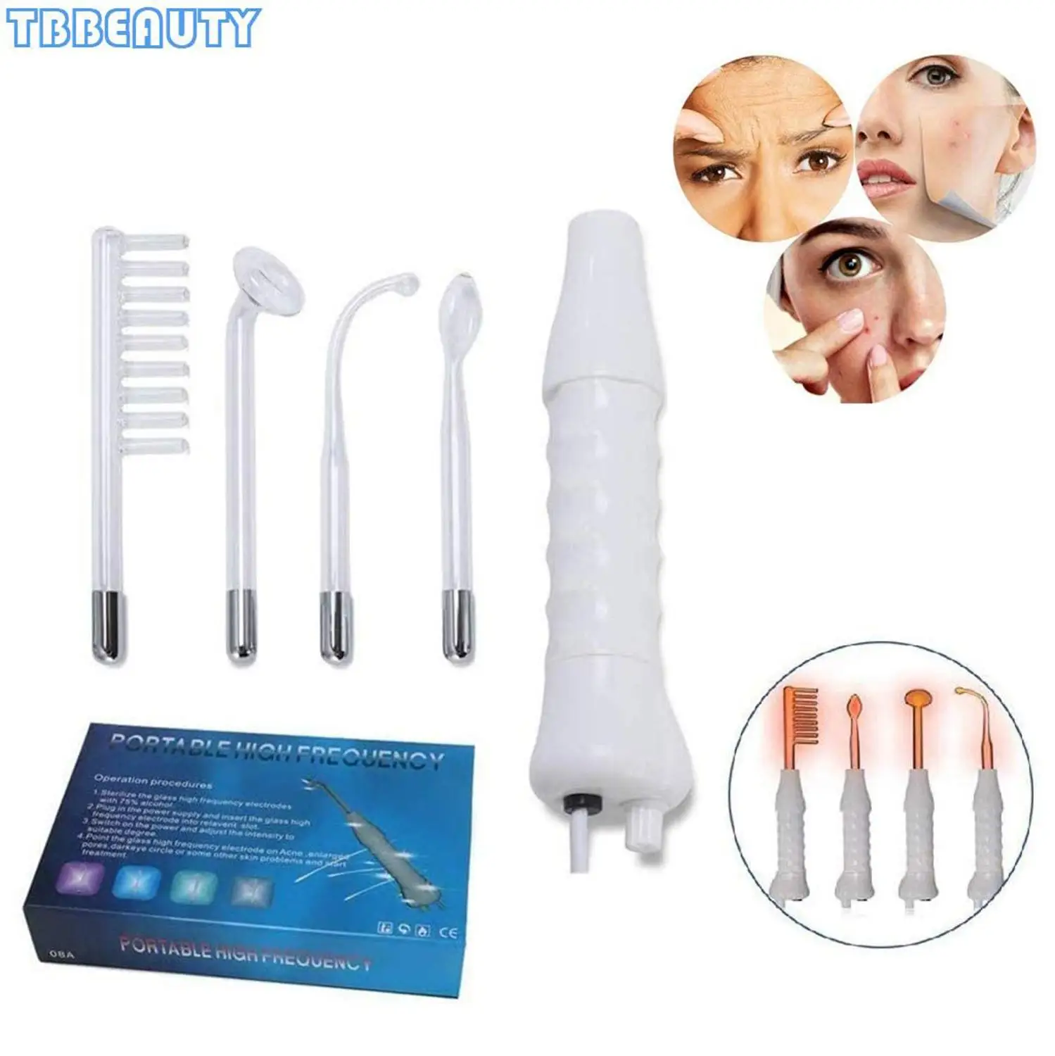 

Handheld 4 in 1 High Frequency Facial Machine Facial Wand Acne Anti Aging Device Skin Tightening Wrinkle Reducing Dark Circles