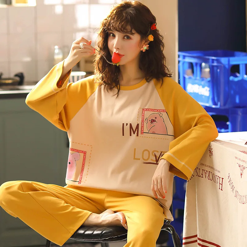 18 MS, Женский пижамный комплект, милые пижамы с длинными рукавами, повседневная домашняя женская пижама, весенне-осенняя НОВАЯ тонкая Пижама с мультяшным принтом - Цвет: 18