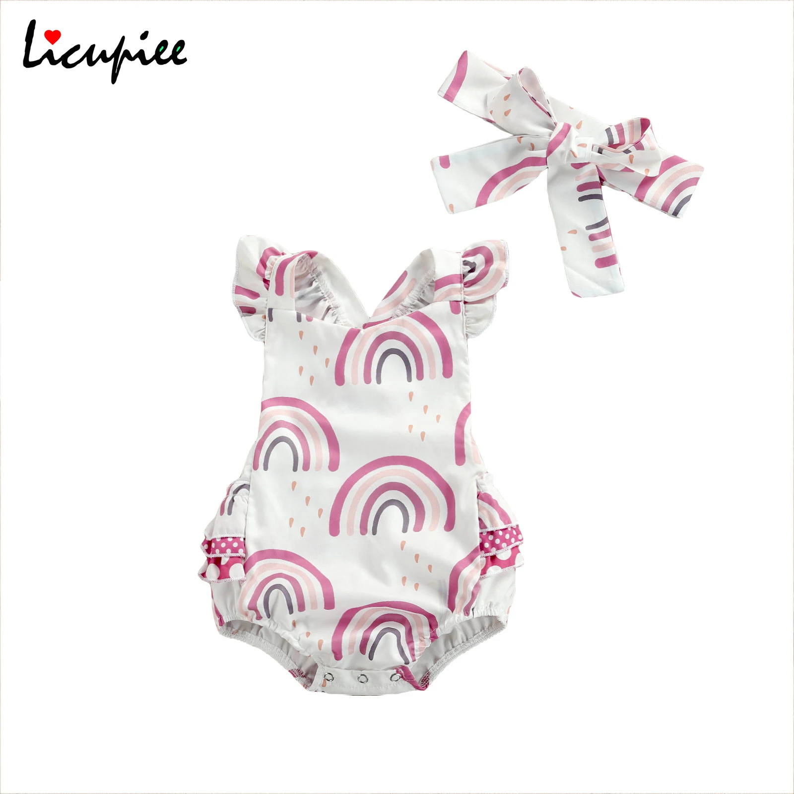 

0-24 Months Bodysuits 2 Pcs Newborn Summer Outfits Baby Girl Ruffled Rainbow Print Fly Sleeve Romper + Headband