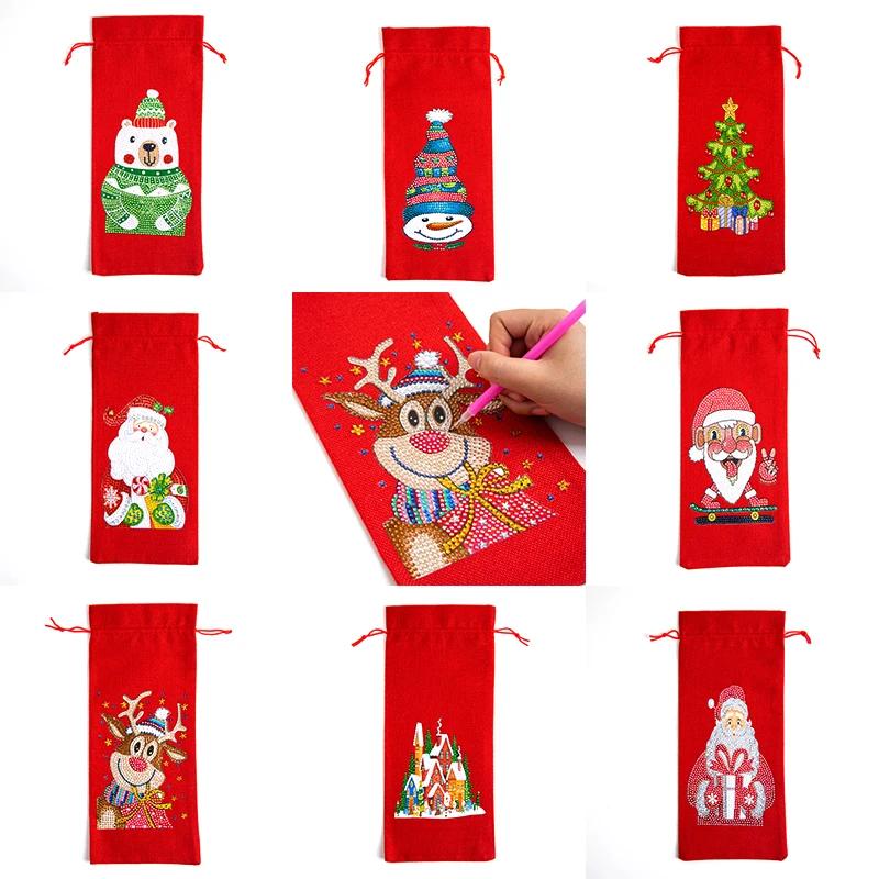 

Diamond Painting Christmas Wine Bottle Cover Drill DIY Merry Christmas Xmas Wine Bottle Drawstring Bag New Year Table Decoration