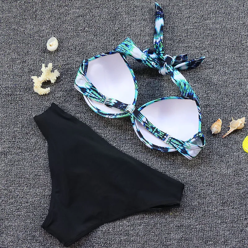 

Women Swimsuit Ribbed High Waist Solid Black White Push Up Bikini Sets 2021 Swimwear Female with Padded Bathing Suit