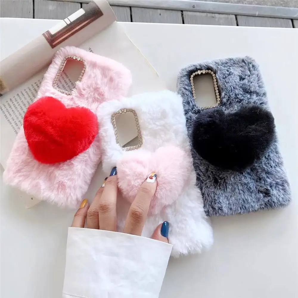 

Luxury Fashion Cute Fluffy Love Heart Phone Case Cover For Iphone 12 Mini 11 Pro XS Max XR X 8 7 6S Plus SE Fuzzy Fur Soft Case