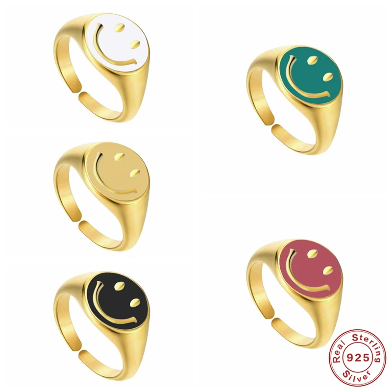 

Aide 925 Sterling Silver Cute Smiley Face Pattern Opening Rings For Women Enamel Smiling Face Resizable Ring Women's Ring Jewelr