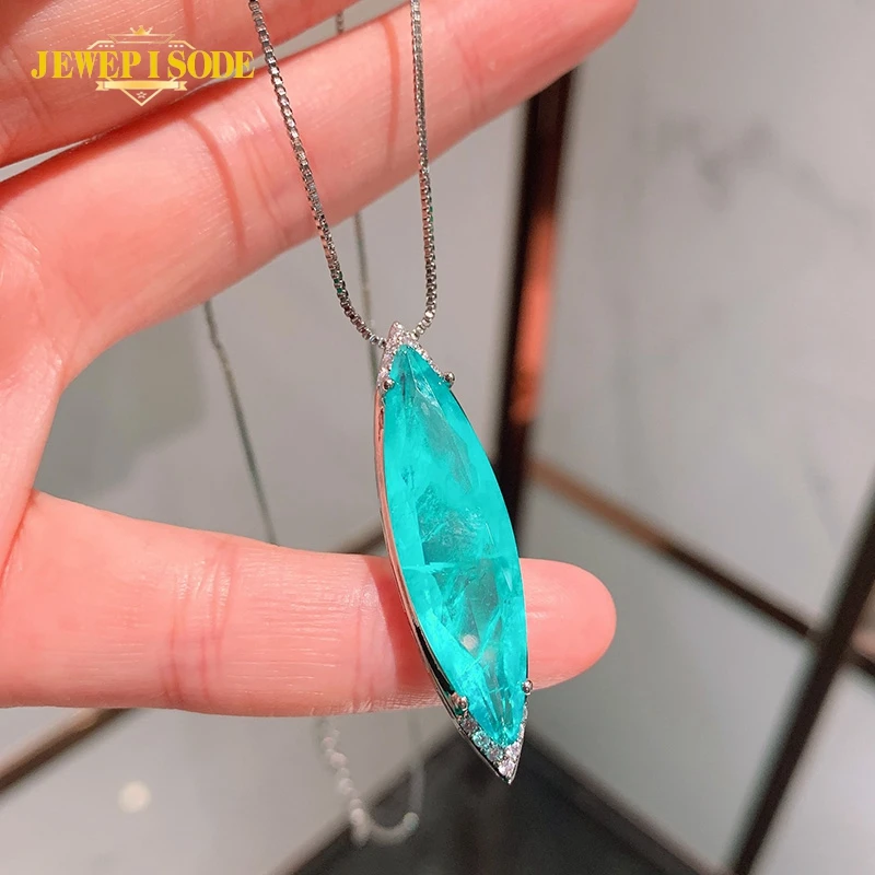 

Jewepisode Newest 925 Sterling Silver Paraiba Tourmaline Simulated Moissanite Pendant Necklace Earrings Party Fine Jewelry