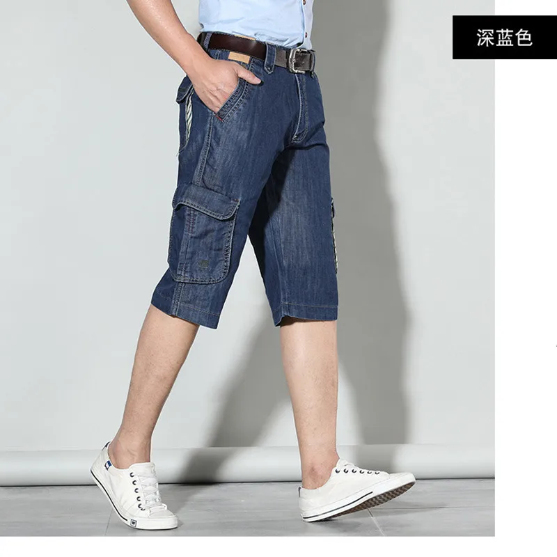 

Summer New Mens Jeans Denim Shorts Cotton Cargo Shorts Big Pocket Loose Baggy Wide Leg Embroidery Bermuda Beach Shorts