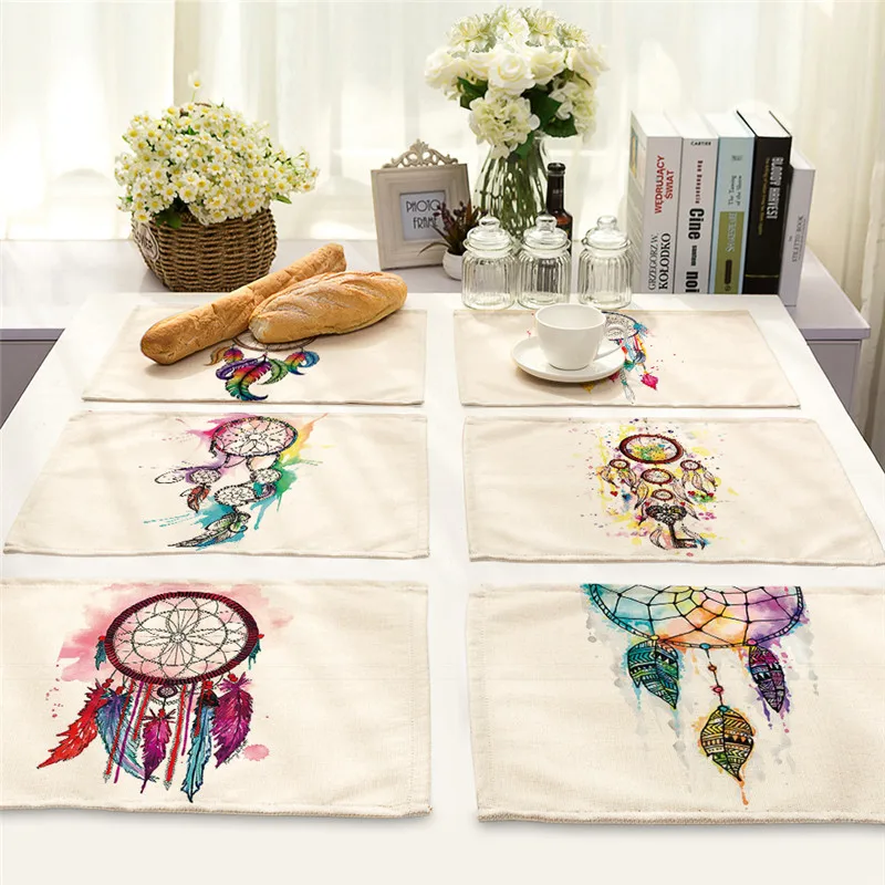 

Colorful Dining Coaster Dreamcatcher Pattern Kitchen Table Mats Placemat Cotton Linen Pad Bowl Cup Mat 42*32cm Home Decor