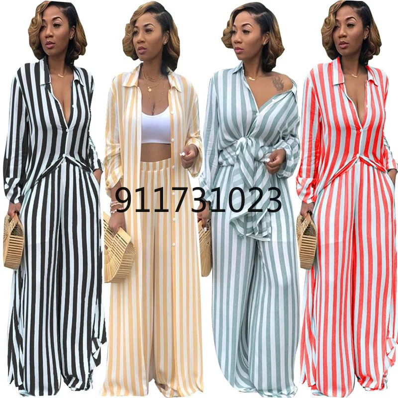 Women 2 Piece Matching Set Casual Striped Print Loose Long Shirt Wide Leg Pants Two-piece Suit Plus Size Outfits Yellow Clothes |
