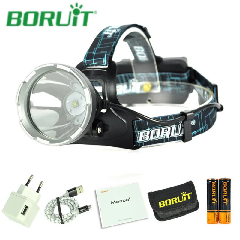 BORUiT B10 Powerful Headlamp XML2 LED 6000LM Headlight with 18650 Rechargeable Battery Waterproof Head Torch for Camping Fishing