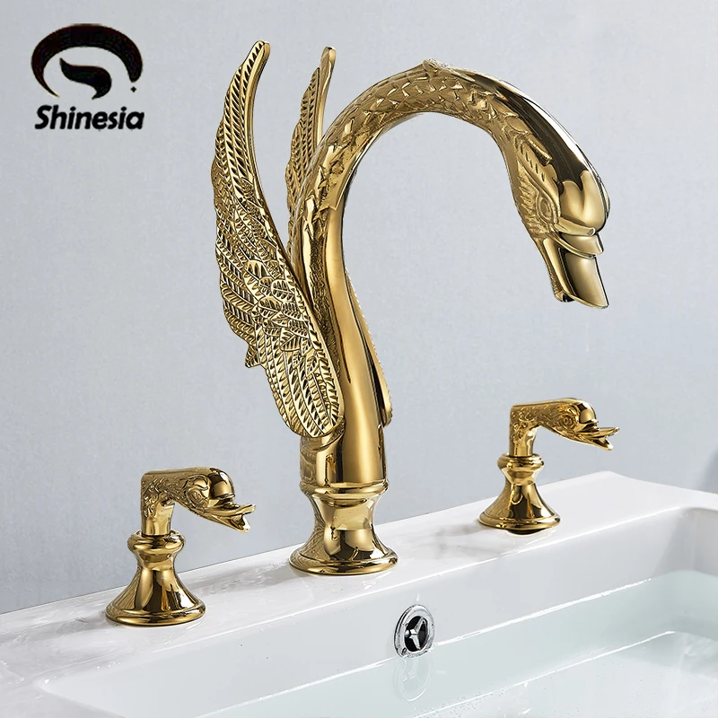 Shinesia класса люкс Ванная комната смеситель латунь золотой Лебедь Форма кран с