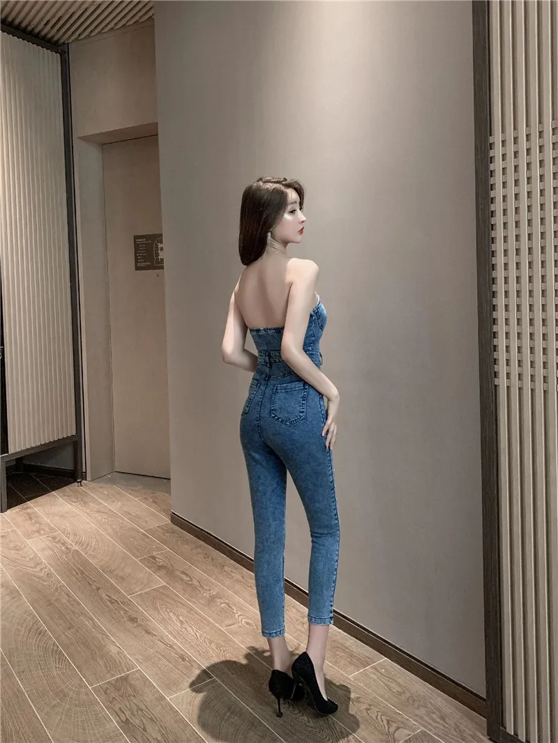 Женский джинсовый комбинезон без бретелек Длинный Облегающий с высокой талией и