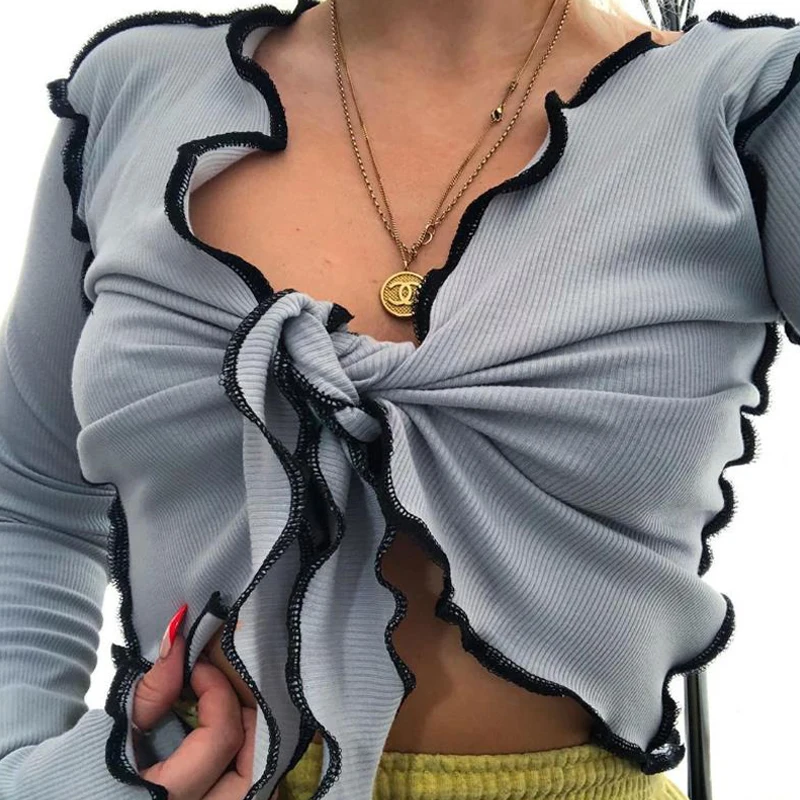 Autumn Female Bow Tie Up Deep V-Neck Long Sleeve Cardigan Crop Blouse Tops for Women 2020 Fall Fashion Sexy Woman Shirts | Женская
