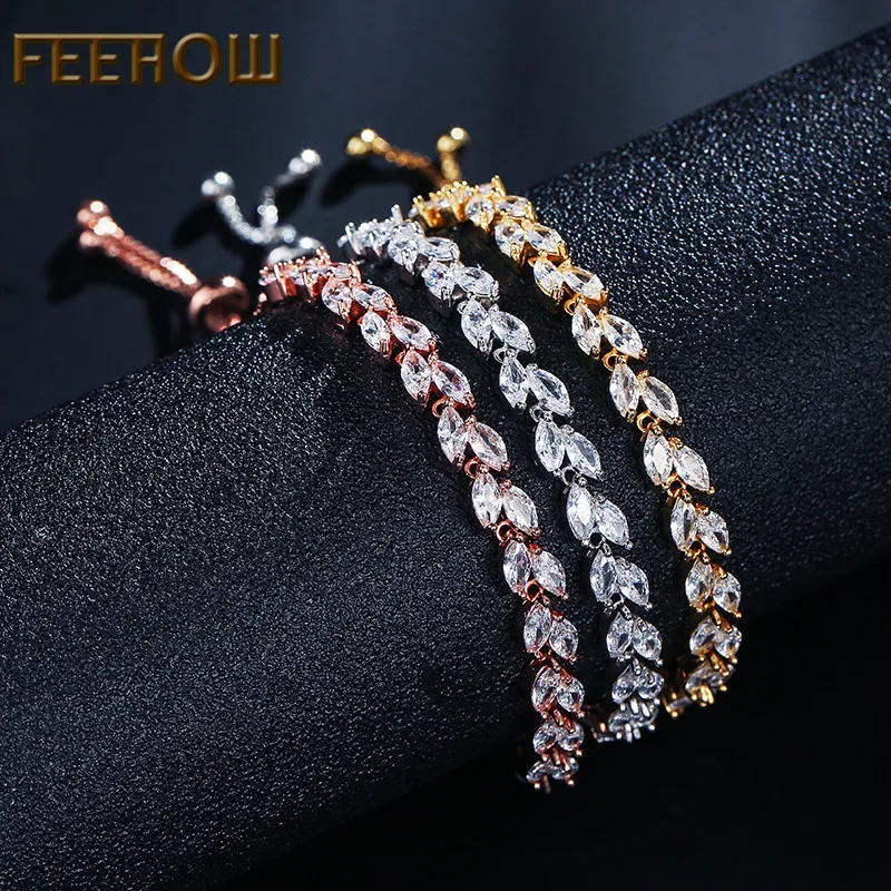 EEHOW Элегантный регулируемый браслет с кубическим цирконием в форме листа и для