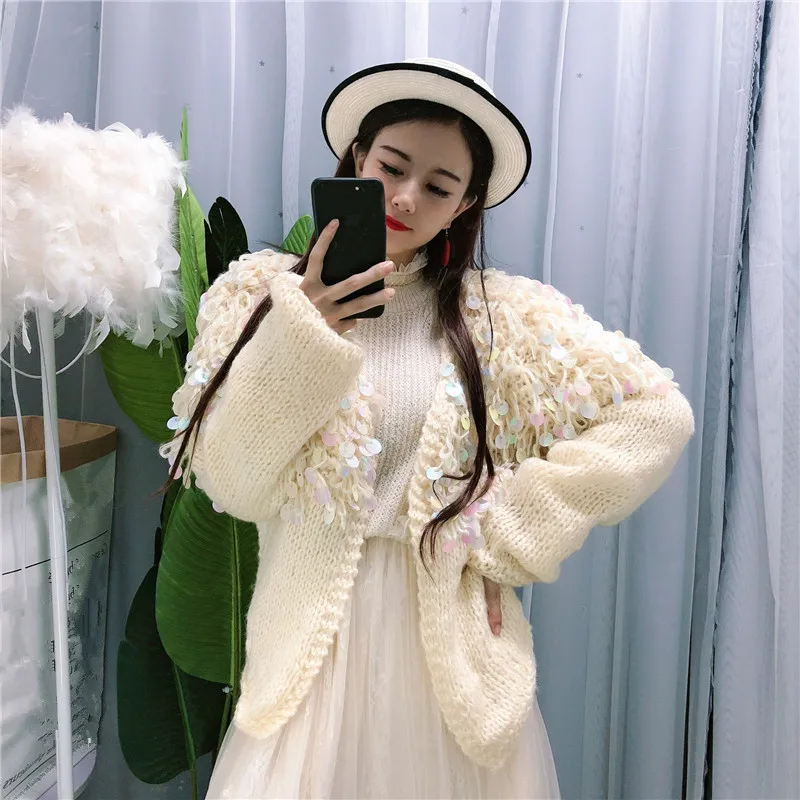 WHITNEY WANG 2019 Autumn Winter Fashion Streetwear Curly Sequins Cardigan Women Sweater Jumper sueter mujer invierno |