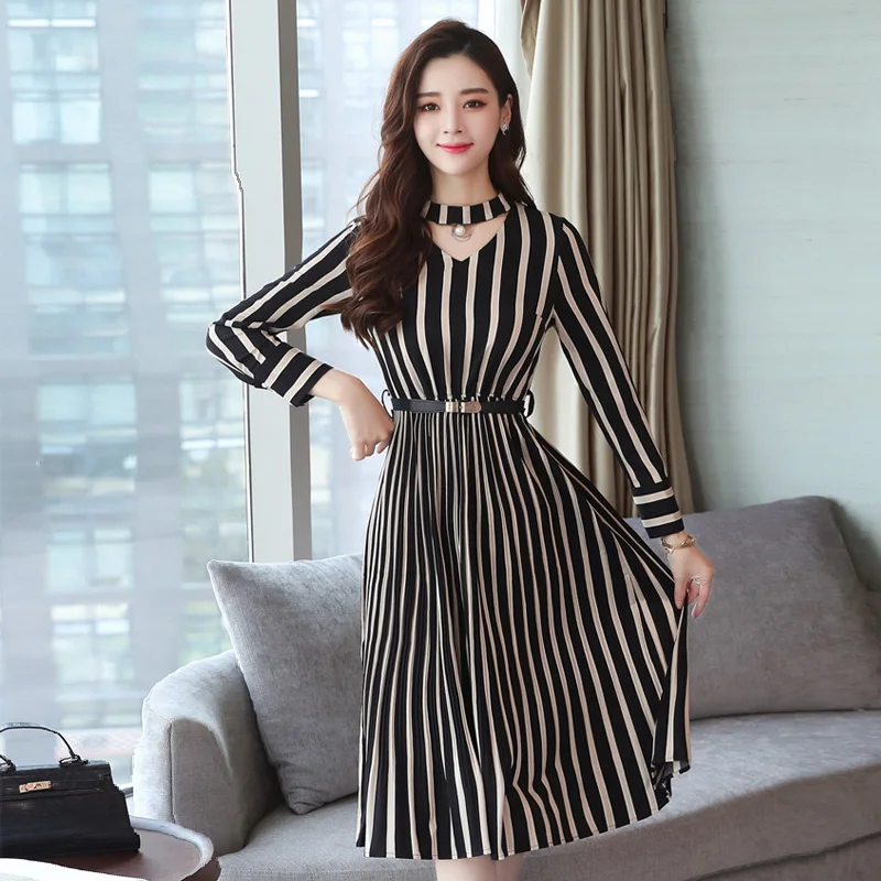 Новинка 2019 весенне-осеннее корейское винтажное платье в полоску v-образный вырез