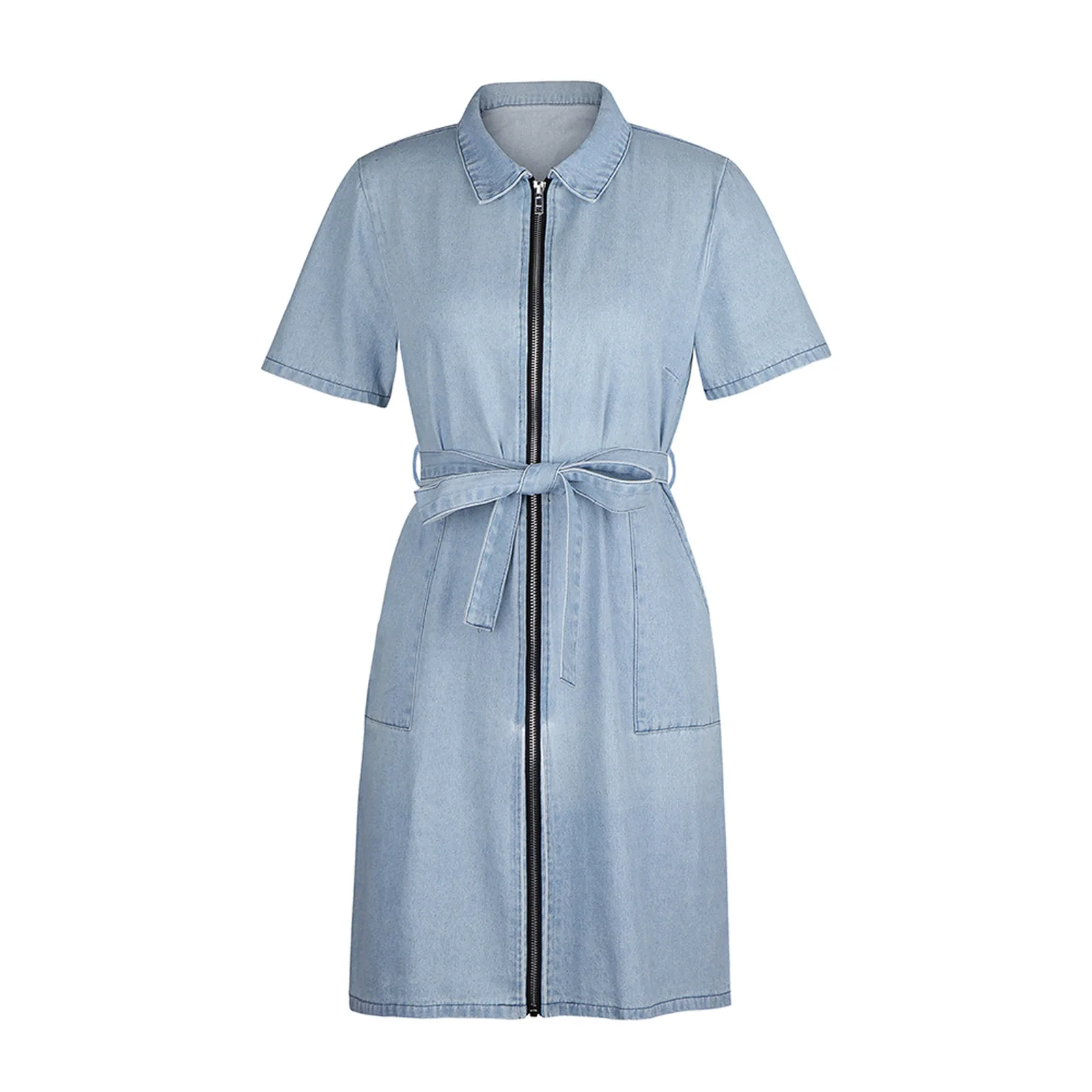 

Women's Plus Size Zipper Casual V Neck Short Sleeve Dress Denim Faux Jean Dress Vestido De Mujer Verano 2021