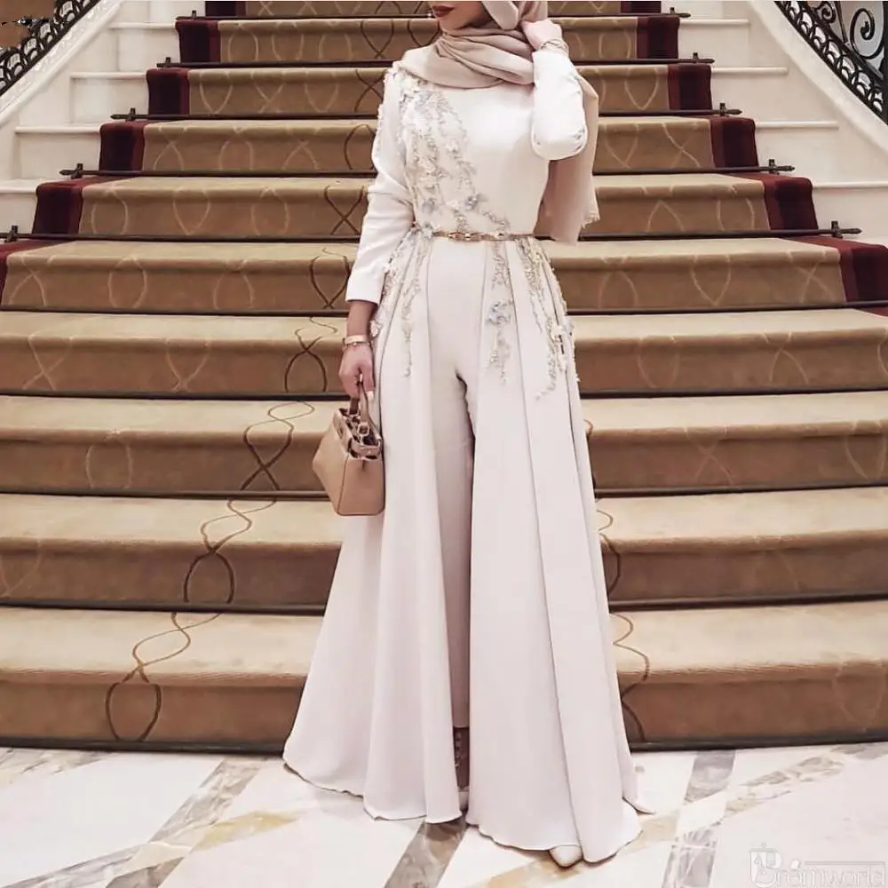 

Elegant Long Sleeve Muslim Jumpsuit Evening Dresses Appliqued robe de soiree Islamic Dubai Hijab Formal Event Gowns Prom Party