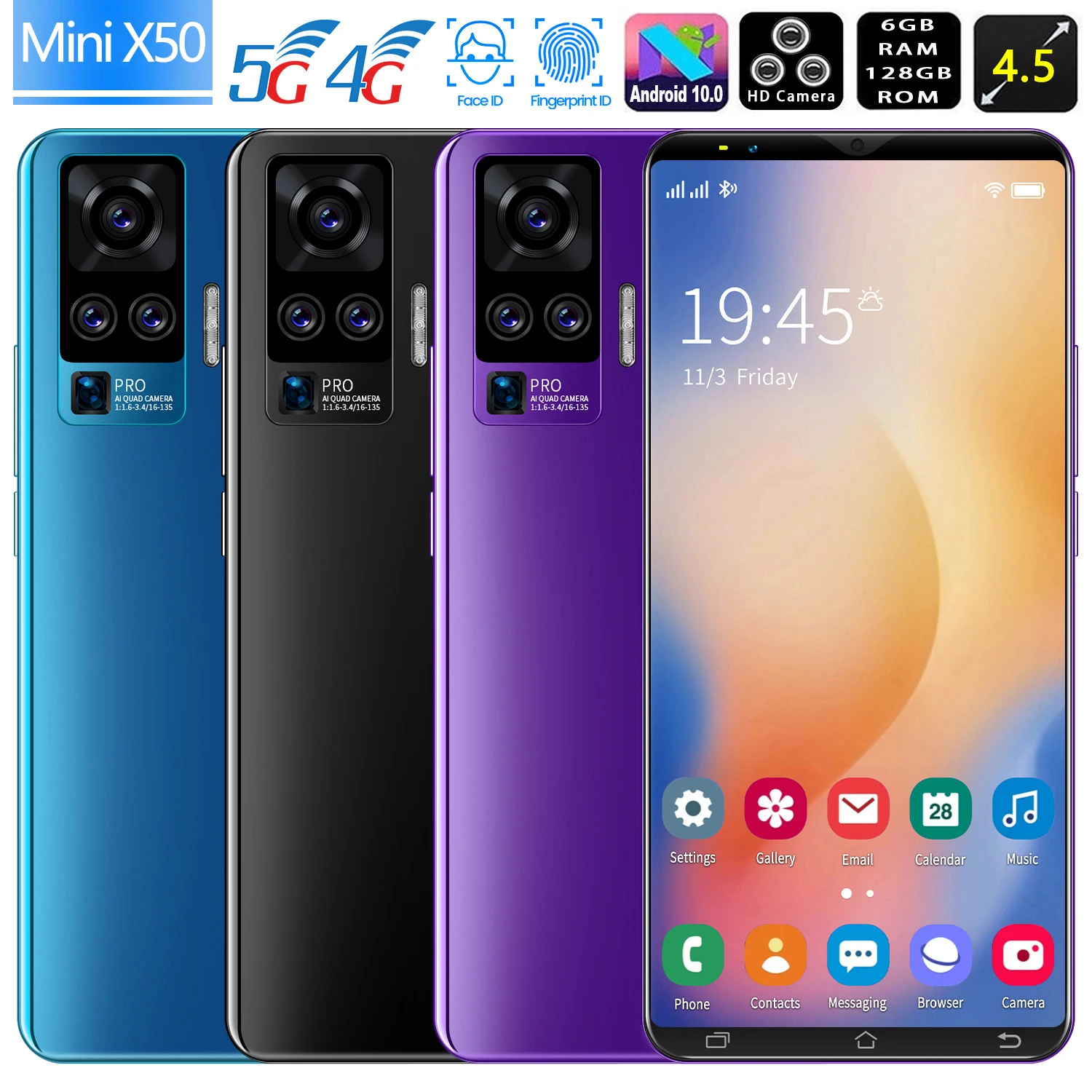 

Mini X50 4.5Inch 6+128GB Smartphone HD 8MP+13MP Full Screen Cellphon 4800mAh Battery GPS Fingerprint ID Dual SIM 5G Mobilephone