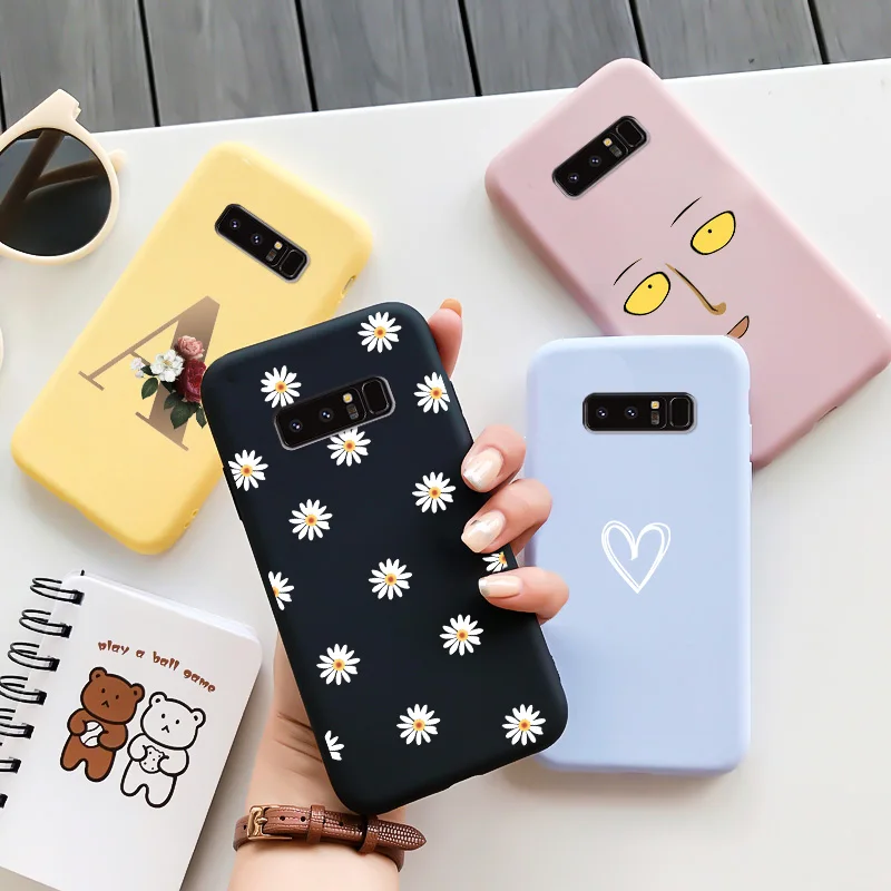 

Cartoon Painted Cover For Samsung Galaxy Note 8 Case Flower Heart Pattern Candy Colors Silicone TPU Matte Protection Shell