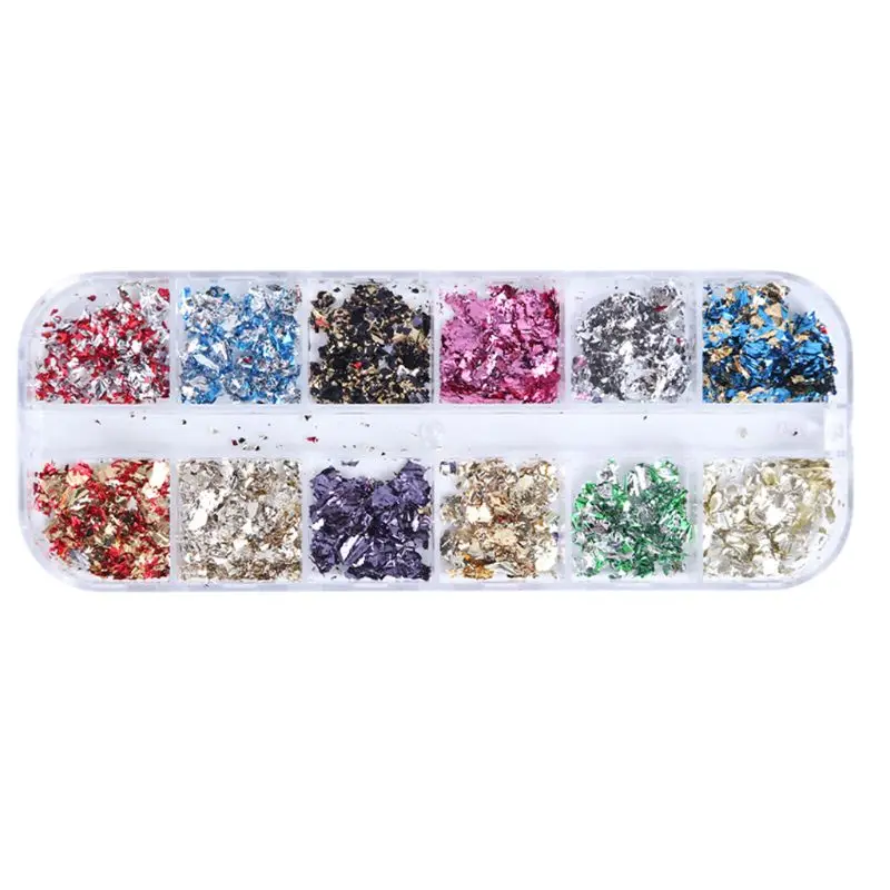 

Y1UF 12 Girds/Set Nail Art Color Glitter Paper Sheet Flake Irregular Rainbow Foil Paillette Chip DIY Decoration Sticker Manicure