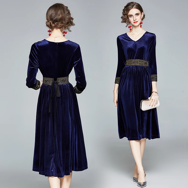 

С v-образным вырезом и рукавами «три четверти» бархатное платье с вышивкой элегантное плиссированное платье Свадебные платья Феста Высокая...