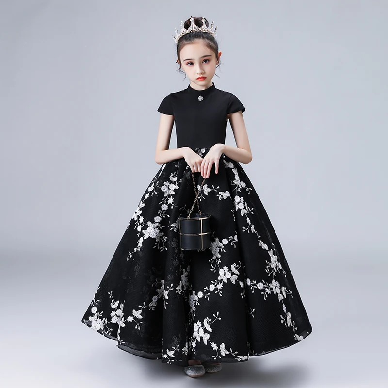 

Flower Girls Dresses Princess Lace Crystal Embroidery Ball Gown Tiered Floor-Length Tulle Black Embroidery Kids Party Dress D242