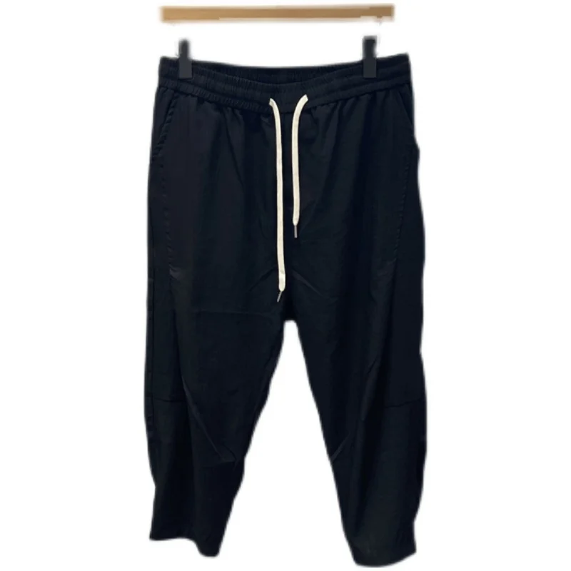 

2021 summer men's thin pure black casual Capris with elastic waist and dark wind