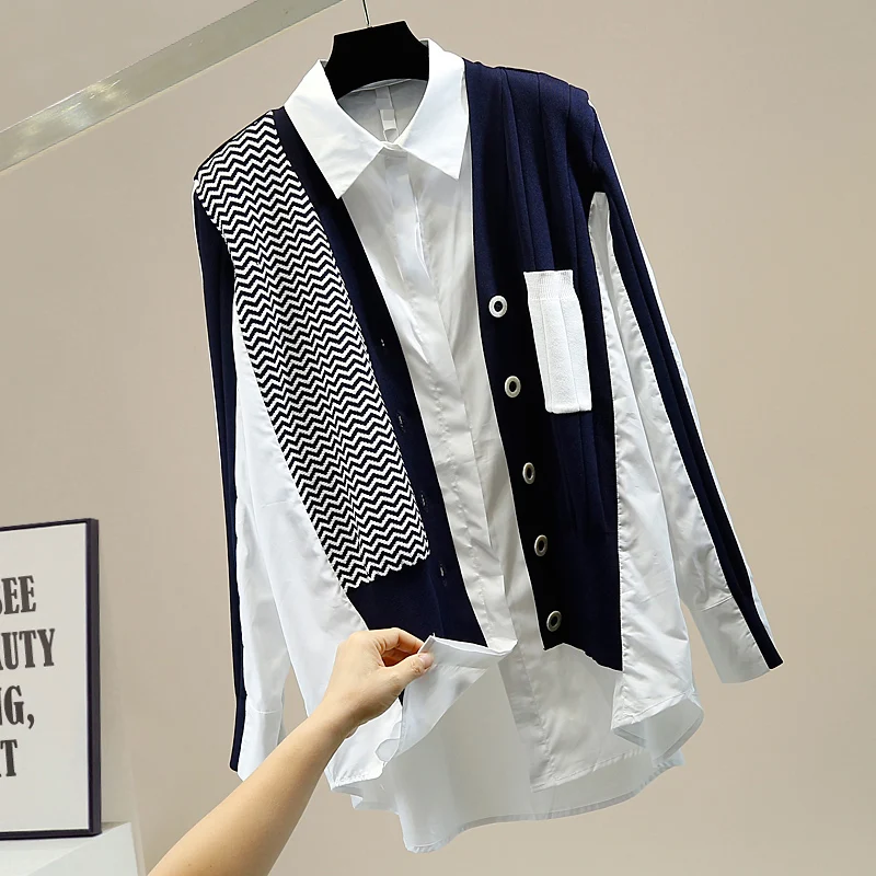 Fashion Design Knitted Shirt Patched Double Layer Buttons Faux Two Piece Tops Fall Women White Blouse