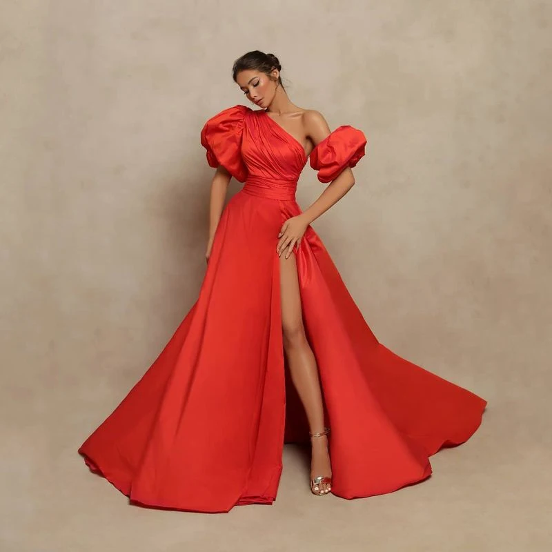 

Red High Quality Elegant Prom Dresses Puffy Sleeves High Split Satin Long A-Line Women Formal Evening Party Gowns Custom Made