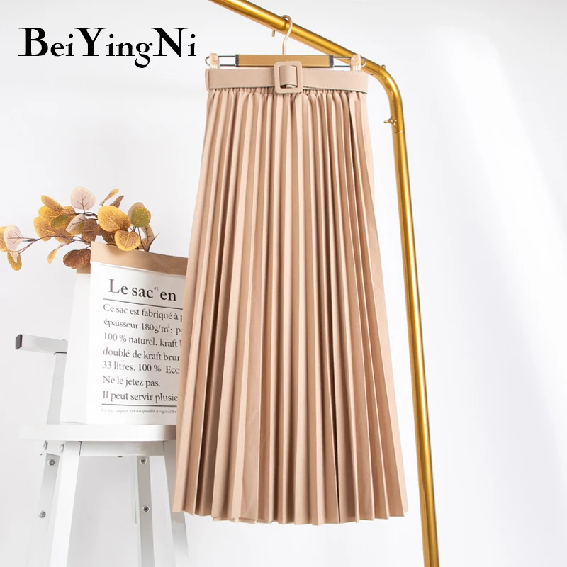 

Beiyingni High Waist Women Skirt Casual Vintage Solid Belted Pleated Midi Skirts Lady 11 Colors Fashion Simple Saia Mujer Faldas