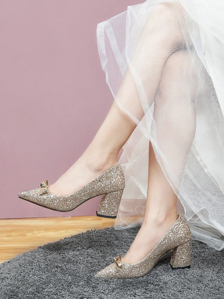 White Wedding Shoes Women's Crystal Shoes, 2021 New Thick Shoes with Bridesmaids and Bridesmaids Bows Golden Wedding High Heels