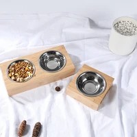 double single dog bowls for pet puppy stainless steel bamboo rack food water bowl feeder pet cats feeding dishes dogs drink bowl