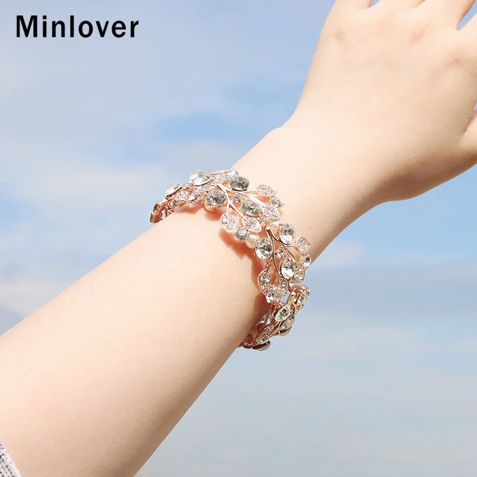 Minlover розовое золото цвет листья горный хрусталь невесты браслеты для женщин очаровательные свадебные браслеты модные новые ювелирные изделия MSL108